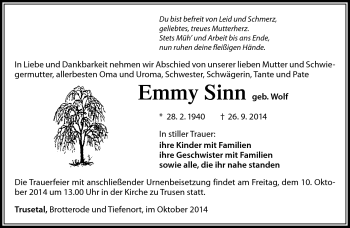 Traueranzeige von Emmy Sinn von Südthüringer Presse