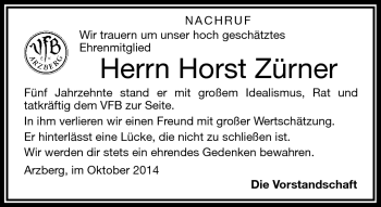 Traueranzeige von Horst Zürner von Frankenpost