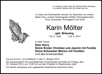 Traueranzeige von Karin Mölter von Neue Presse Coburg