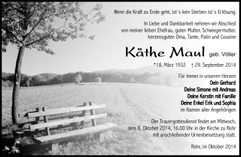 Traueranzeige von Käthe Maul von Südthüringer Presse