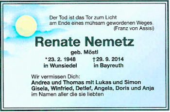 Traueranzeige von Renate Nemetz von Frankenpost