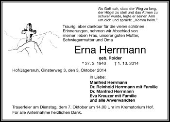Traueranzeige von Erna Herrmann von Frankenpost