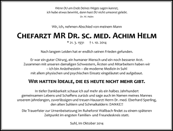 Traueranzeige von Achim Helm von Südthüringer Presse