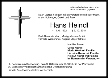 Traueranzeige von Hans Heindl von Frankenpost