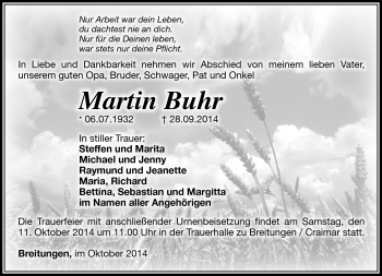 Traueranzeige von Martin Buhr von Südthüringer Presse