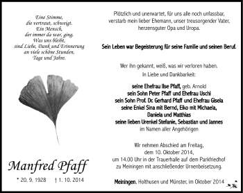 Traueranzeige von Manfred Pfaff von Südthüringer Presse