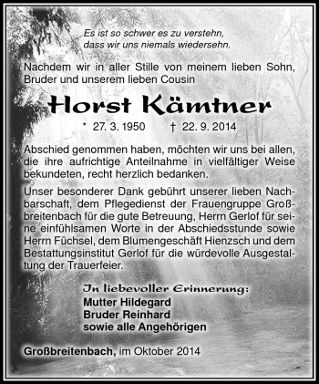 Traueranzeige von Horst Kämtner von Südthüringer Presse