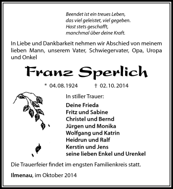 Traueranzeige von Franz Sperlich von Südthüringer Presse