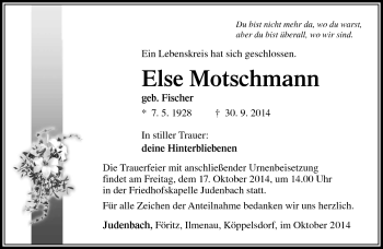 Traueranzeige von Else Motschmann von Südthüringer Presse