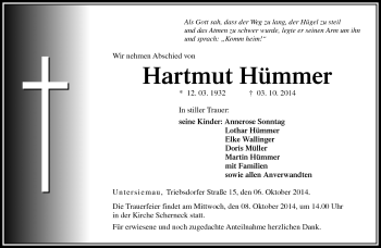 Traueranzeige von Hartmut Hümmer von Neue Presse Coburg
