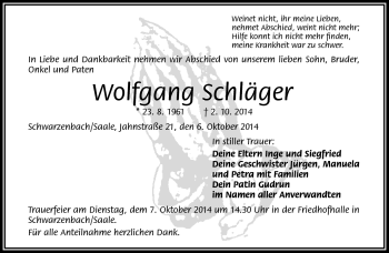 Traueranzeige von Wolfgang Schläger von Frankenpost