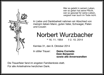 Traueranzeige von Norbert Wurzbacher von Frankenpost