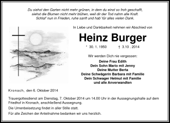 Traueranzeige von Heinz Burger von Neue Presse Coburg
