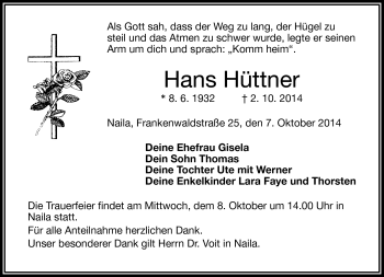 Traueranzeige von Hans Hüttner von Frankenpost