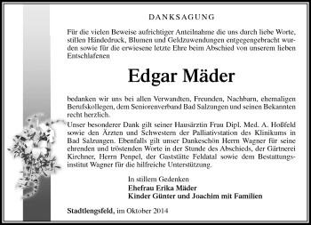 Traueranzeige von Edgar Mäder von Südthüringer Presse