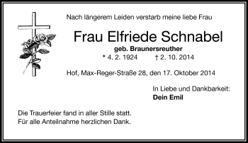 Traueranzeige von Elfriede Schnabel von Frankenpost