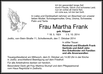 Traueranzeige von Martha Frank von Frankenpost