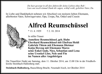 Traueranzeige von Alfred Reumschüssel von Südthüringer Presse