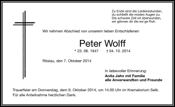 Traueranzeige von Peter Wolff von Frankenpost