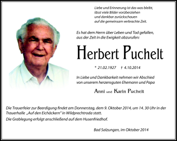 Traueranzeige von Herbert Puchelt von Südthüringer Presse