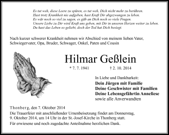 Traueranzeige von Hilmar Geßlein von Neue Presse Coburg