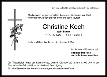 Traueranzeige von Christine Koch von Frankenpost