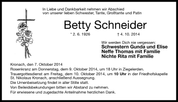Traueranzeige von Betty Schneider von Neue Presse Coburg