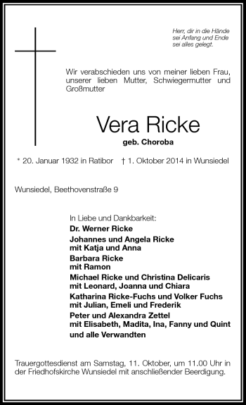 Traueranzeige von Vera Ricke von Frankenpost
