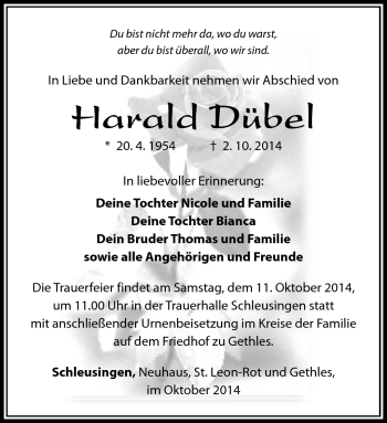 Traueranzeige von Harald Dübel von Südthüringer Presse