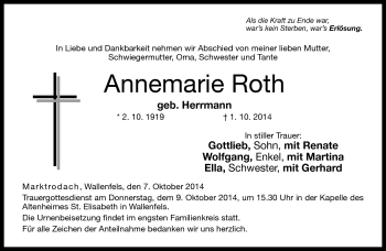 Traueranzeige von Annemarie Roth von Neue Presse Coburg
