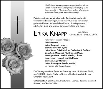 Traueranzeige von Erika Knapp von Südthüringer Presse