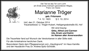 Traueranzeige von Marianne Tröger von Frankenpost