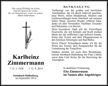 Traueranzeige von Karlheinz Zimmermann von Südthüringer Presse