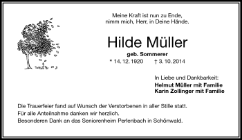 Traueranzeige von Hilde Müller von Frankenpost