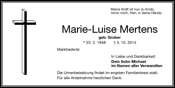 Traueranzeige von Marie-Luise Mertens von Frankenpost