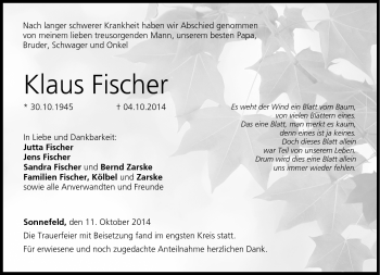 Traueranzeige von Klaus Fischer von Neue Presse Coburg