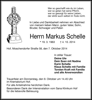 Traueranzeige von Markus Schelle von Frankenpost