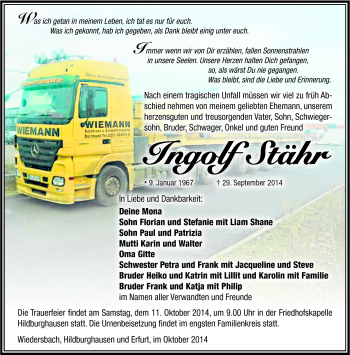 Traueranzeige von Ingolf Stähr von Südthüringer Presse