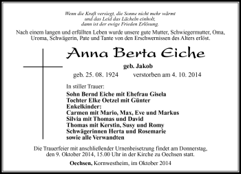 Traueranzeige von Anna Berta Eiche von Südthüringer Presse