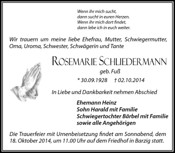 Traueranzeige von Rosemarie Schliedermann von Südthüringer Presse