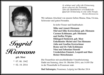 Traueranzeige von Ingrid Hiemann von Südthüringer Presse
