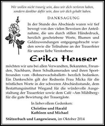 Traueranzeige von Erika Heuser von Südthüringer Presse