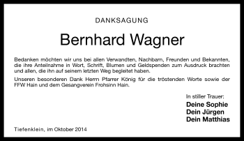 Traueranzeige von Bernhard Wagner von Neue Presse Coburg