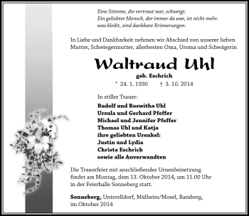 Traueranzeige von Waltraud Uhl von Südthüringer Presse