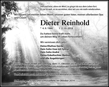 Traueranzeige von Dieter Reinhold von Südthüringer Presse