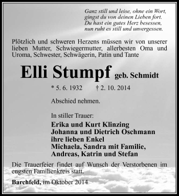 Traueranzeige von Elli Stumpf von Südthüringer Presse