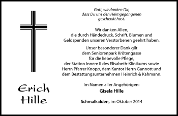 Traueranzeige von eRICH hILLE von Südthüringer Presse