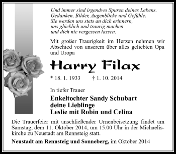 Traueranzeige von Harry Filax von Südthüringer Presse