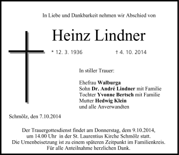 Traueranzeige von Heinz Lindner von Neue Presse Coburg