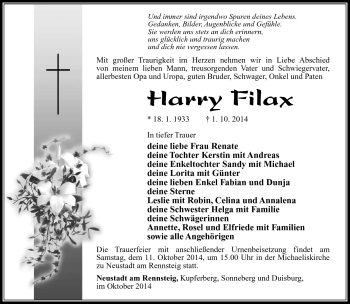 Traueranzeige von Harry Filax von Südthüringer Presse